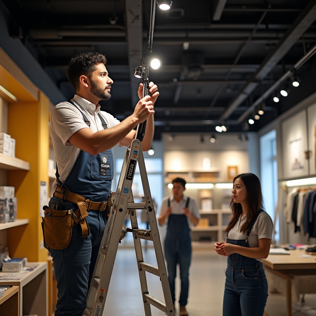 Professional installation of commercial lighting system in retail environment