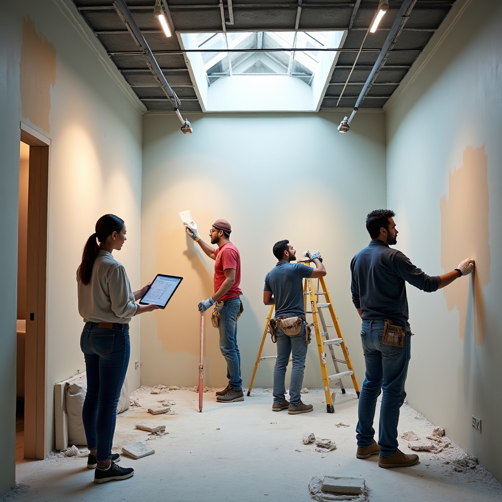 Professional team executing commercial space transformation with attention to detail and quality