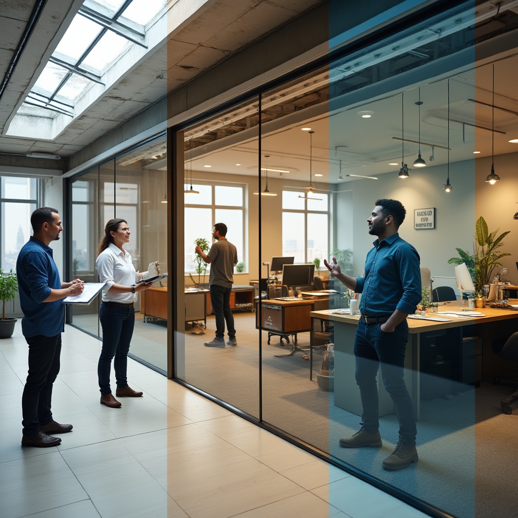 Commercial space transformation process showing planning, execution, and completion stages